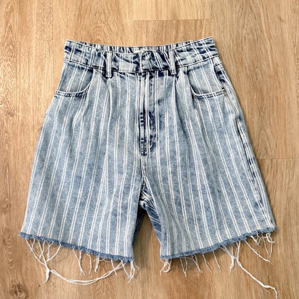 Free People Dogtown Cutoff Denim Shorts Womens 27 Blue Striped High Rise Pleated